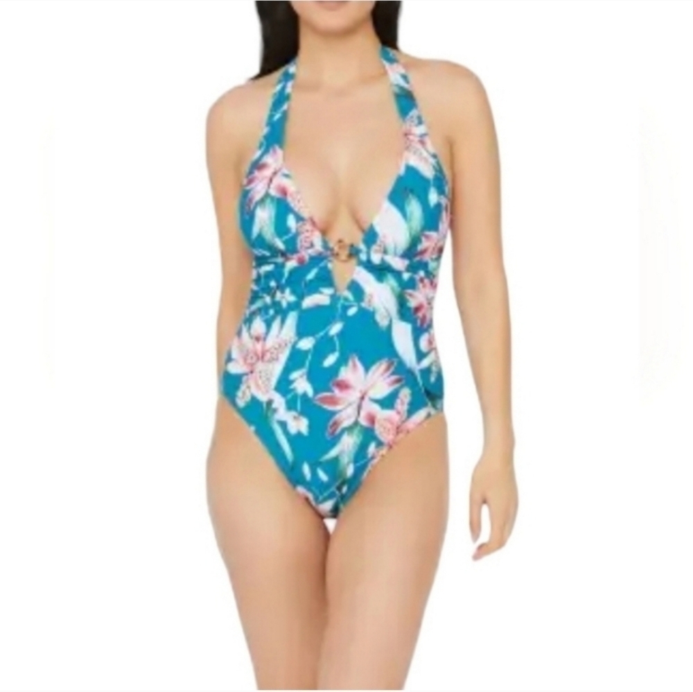 La Blanca Flyaway Plunging Vneck Halter One Piece Blue Pink Floral Swimsuit